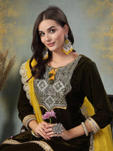 Women's Green Solid & Embroidered Velvet Straight Short Kurta Sharara Dupatta Set-KSDGREENRONAK